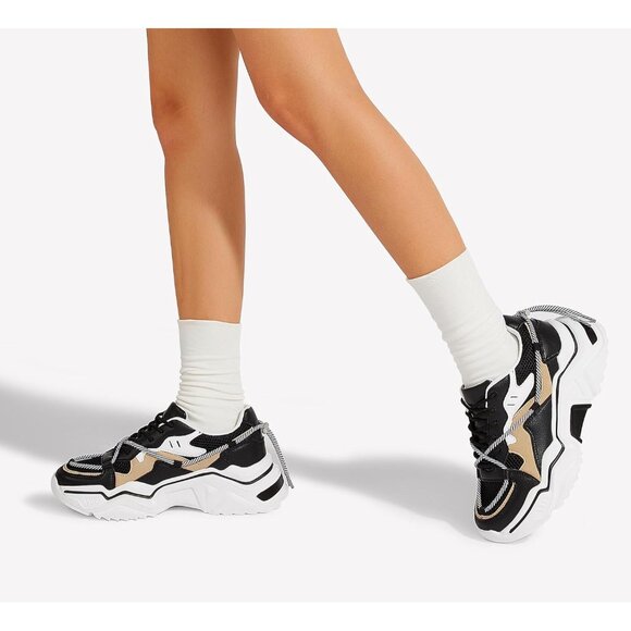 Brand New Women Black/White Polyurethane Chunky Dad Platform Fashion Sneakers - Picture 8 of 9